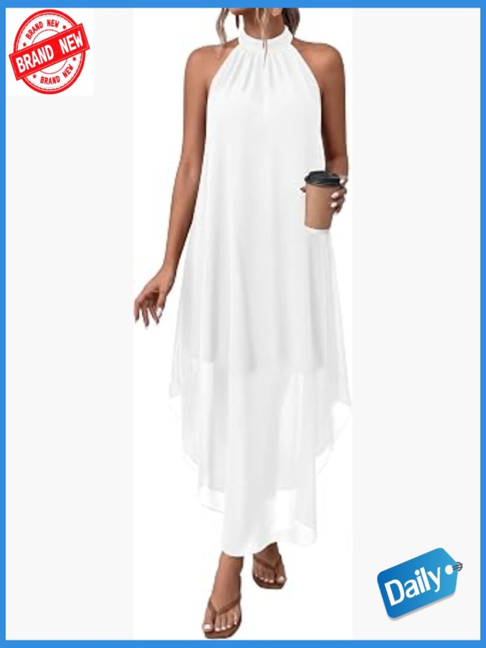 Halter Neck Maxi Dress - Sleeveless Asymmetrical Long Flowy Sundress